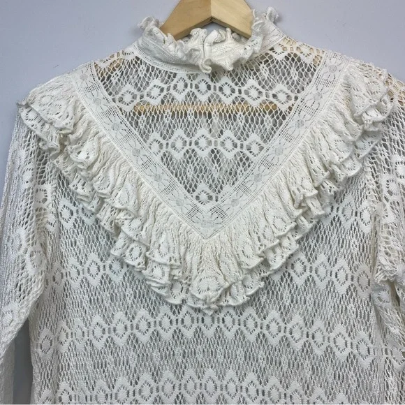 MAJE • Limba open knit high neck ruffle crochet sweater in ecru - Picture 5 of 16